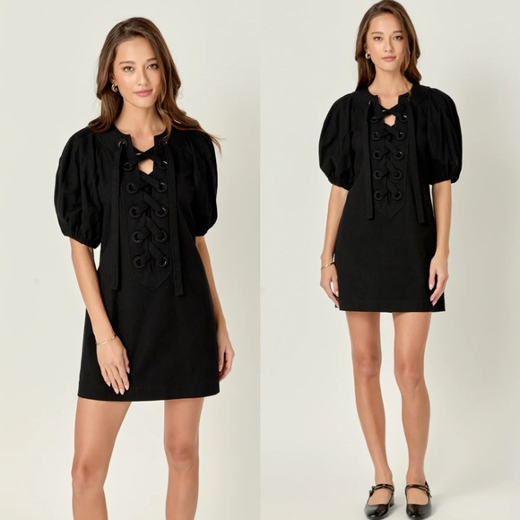 English Factory LACED UP PUFFED SLEEVE MINI DRESS - Picture 1 of 14
